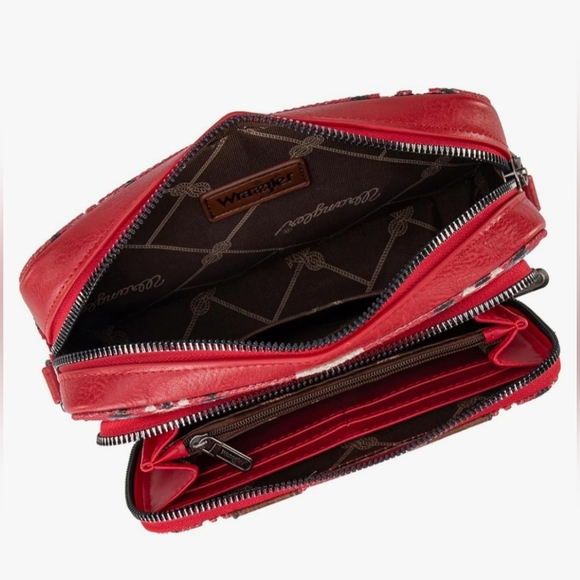 Wrangler Crossbody Bag Boho Aztec Small MultiPocket Crossover Purse, Burgundy - Picture 5 of 10